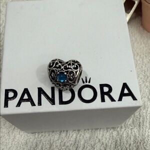 Pandora Silver Heart Filigree Charm with Blue Gem